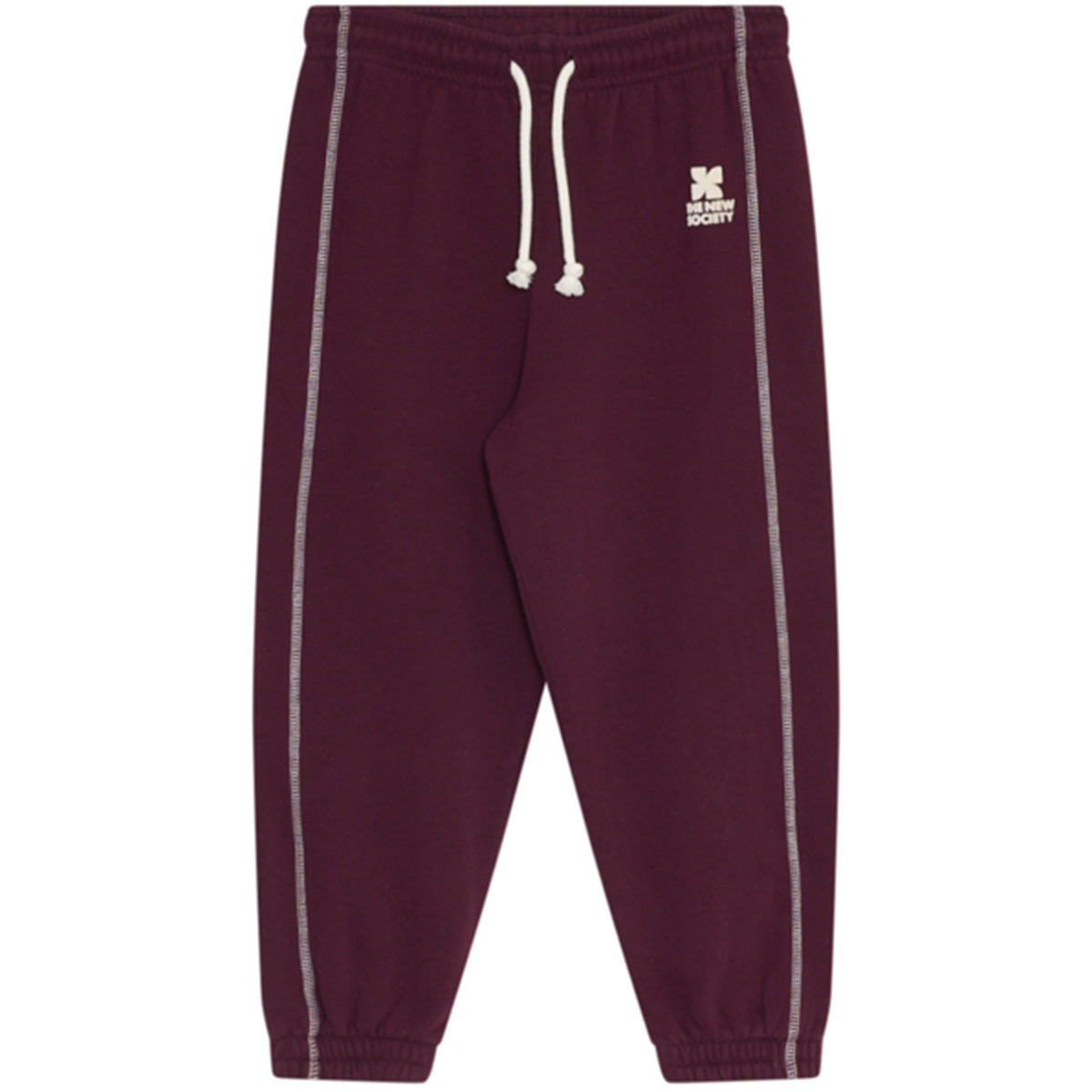 The TNS Logo Jogging Pants from The New Society, joggers with drawstring waist, contrast stitching, cuffs, and logo print.