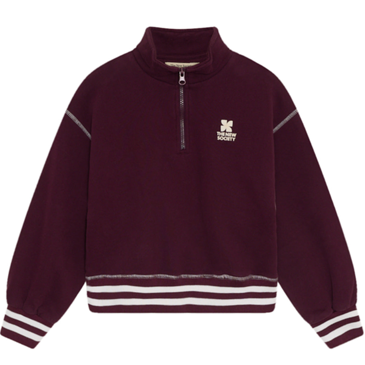 The Whisper Polo from The New Society, half-zip sweatshirt with stand collar, striped ribbed trims, and logo print.