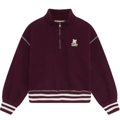 The Whisper Polo from The New Society, half-zip sweatshirt with stand collar, striped ribbed trims, and logo print.