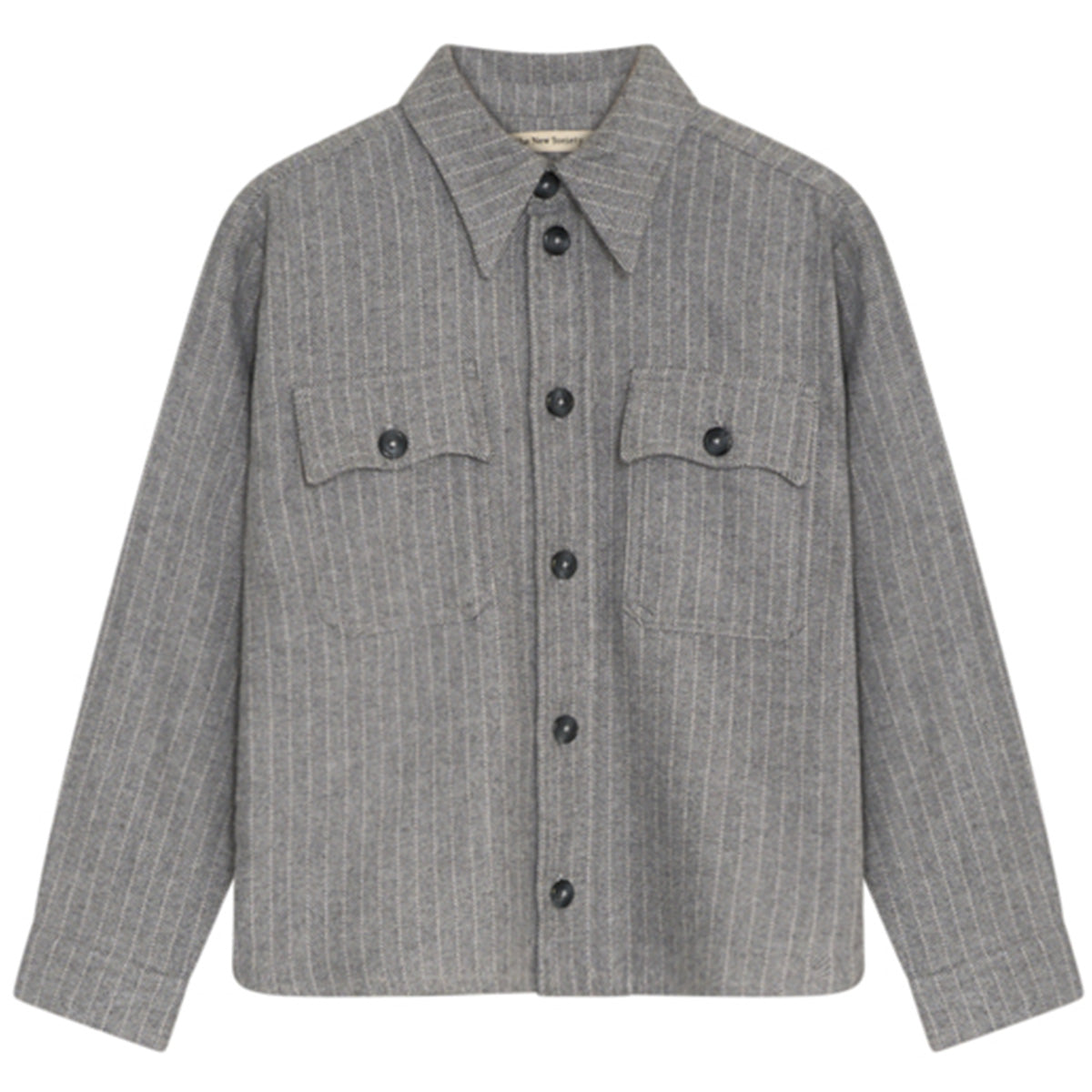 The Cliff Shirt from The New Society, pinstripe button-up shirt with chest flap pockets and classic collar.