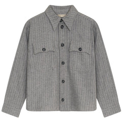 The Cliff Shirt from The New Society, pinstripe button-up shirt with chest flap pockets and classic collar.
