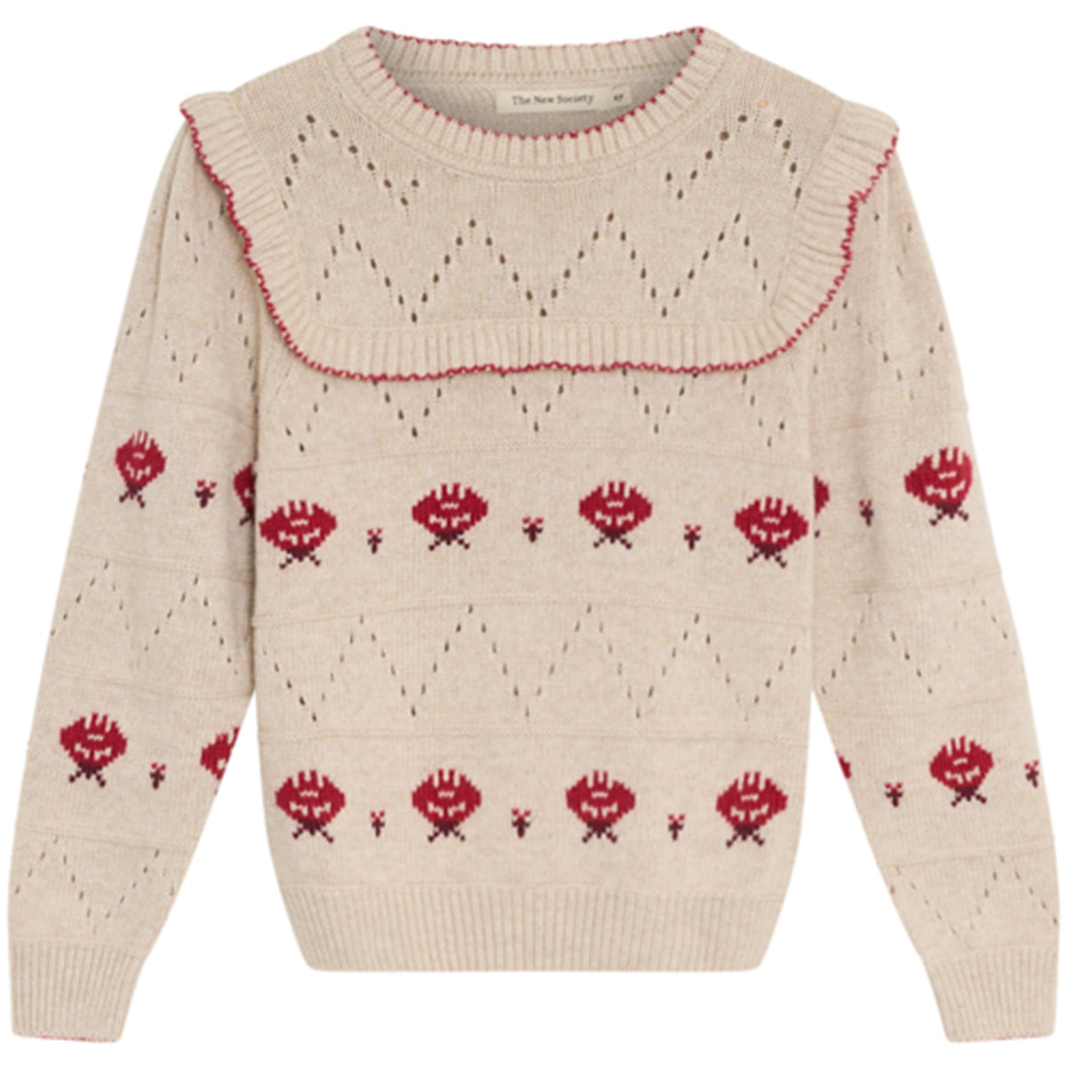 The New Society Kaia Sweater knit kids sweater with ruffle yoke and floral jacquard pattern