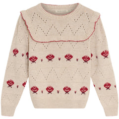 The New Society Kaia Sweater knit kids sweater with ruffle yoke and floral jacquard pattern