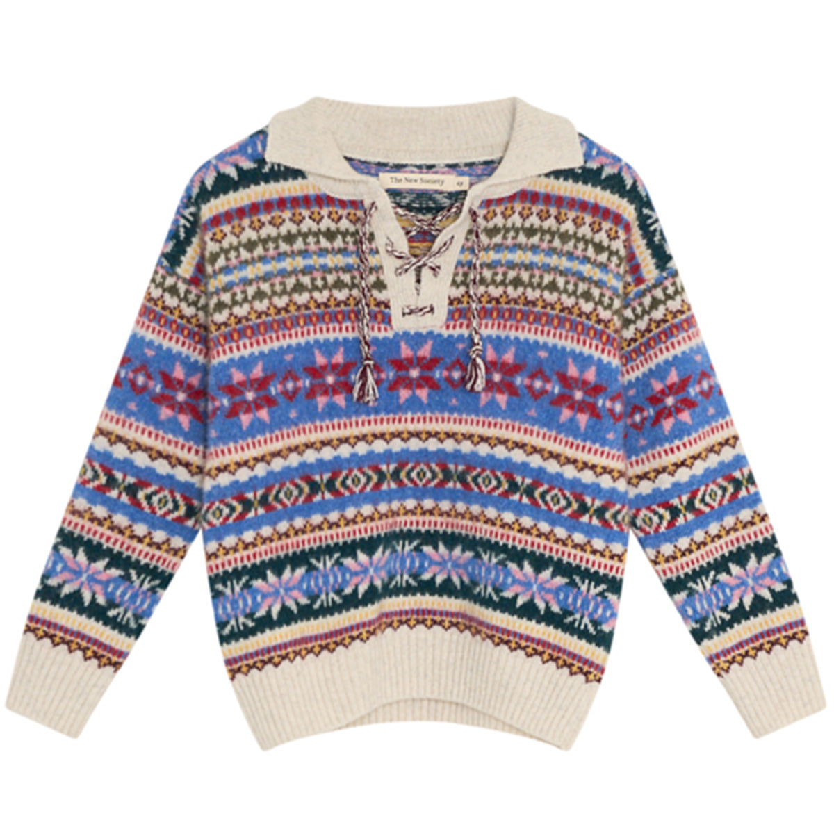 The New Society Caia Polo kids Fair Isle knit sweater with polo collar and lace-up neckline