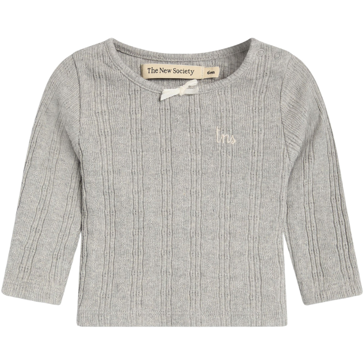 The New Society The TNS Logo Tee cotton pointelle knit top with velvet bow and chest embroidery