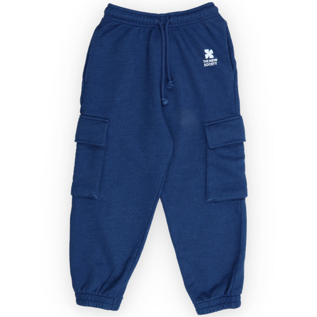 TNS Logo Jogging from The New Society in navy blue cotton fleece with elastic waist, cargo pockets, and logo detail