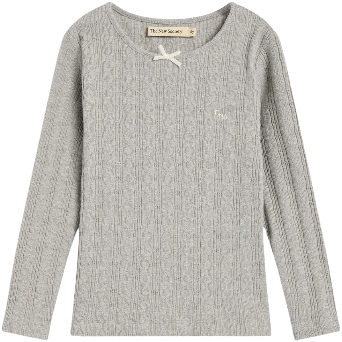 The New Society The TNS Logo Tee ribbed knit long-sleeve top with bow neckline and logo