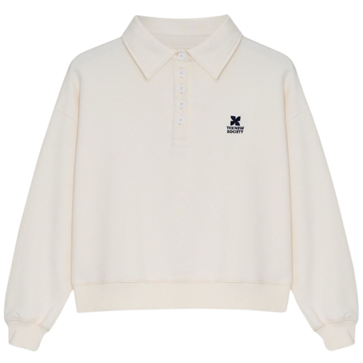 TNS Logo Teen Polo from Molo in ecru with long sleeves, button placket, classic collar, and small embroidered logo