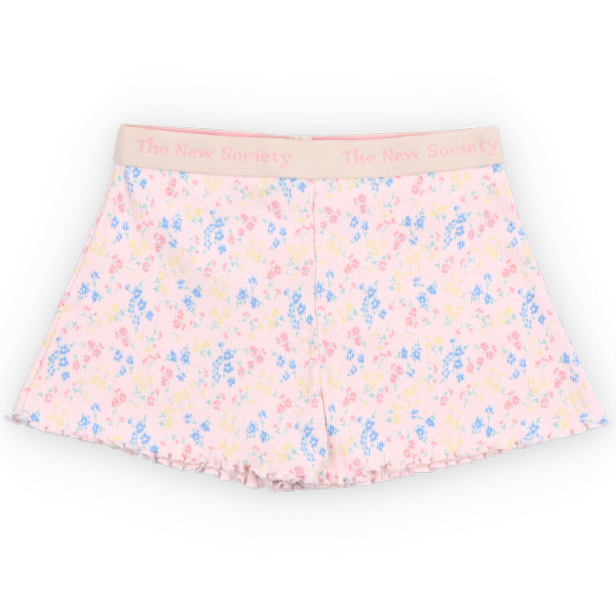 TNS Rib Short from The New Society in ribbed cotton with pastel floral print, elastic logo waistband and lettuce-edge hem