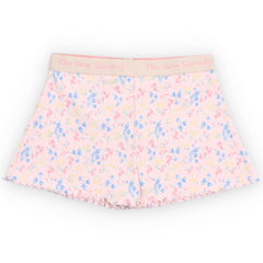 TNS Rib Short from The New Society in ribbed cotton with pastel floral print, elastic logo waistband and lettuce-edge hem