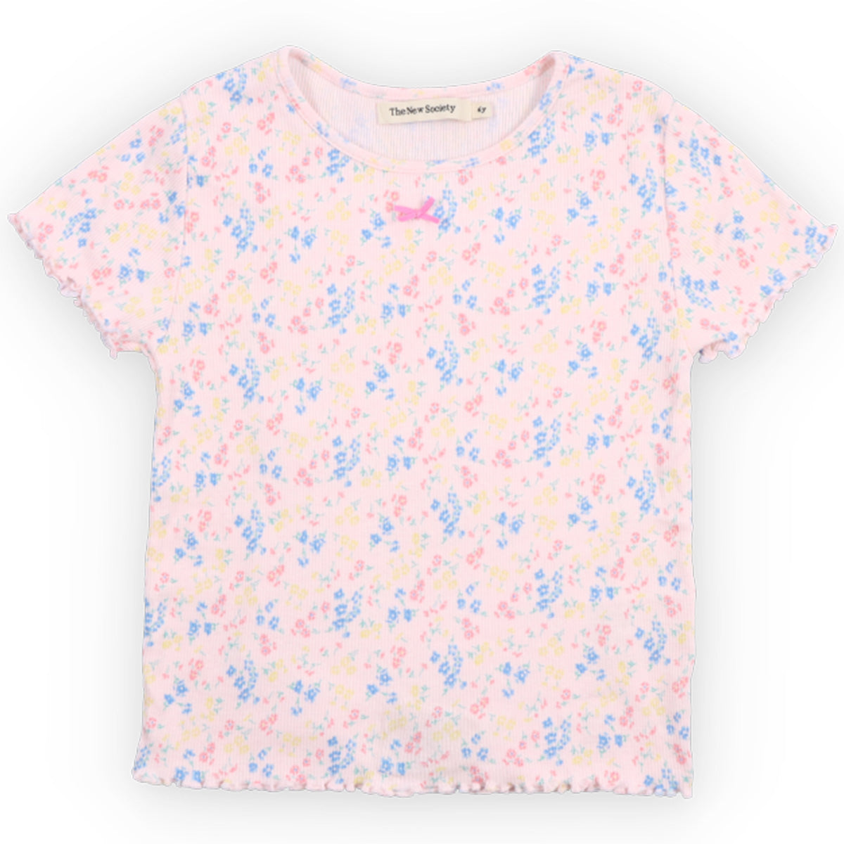 TNS Rib Tee from The New Society with pastel floral print, ribbed fabric, short sleeves and small bow detail