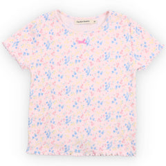 TNS Rib Tee from The New Society with pastel floral print, ribbed fabric, short sleeves and small bow detail
