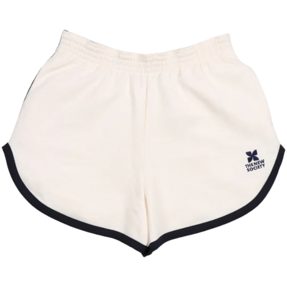 TNS Logo Teen Short from The New Society in ecru with elastic waistband, black contrast piping, and logo print