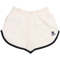 TNS Logo Teen Short from The New Society in ecru with elastic waistband, black contrast piping, and logo print