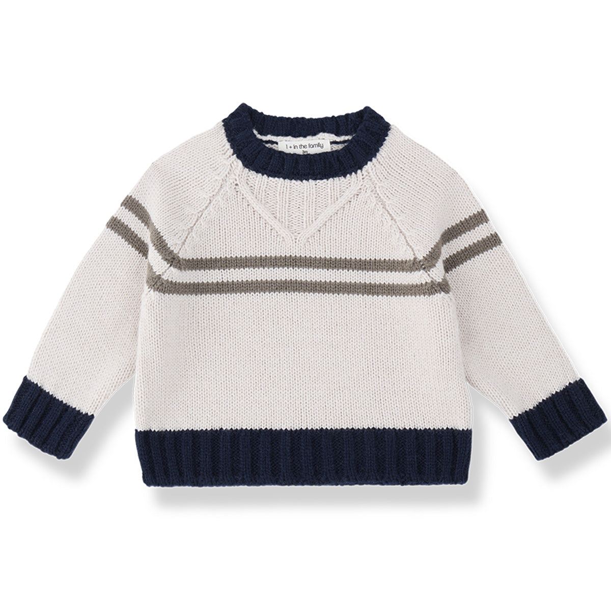 1+ in the Family The Torino Sweater in cream knit with gray stripes and navy ribbed trims