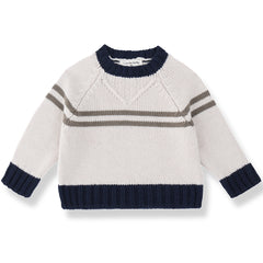 1+ in the Family The Torino Sweater in cream knit with gray stripes and navy ribbed trims