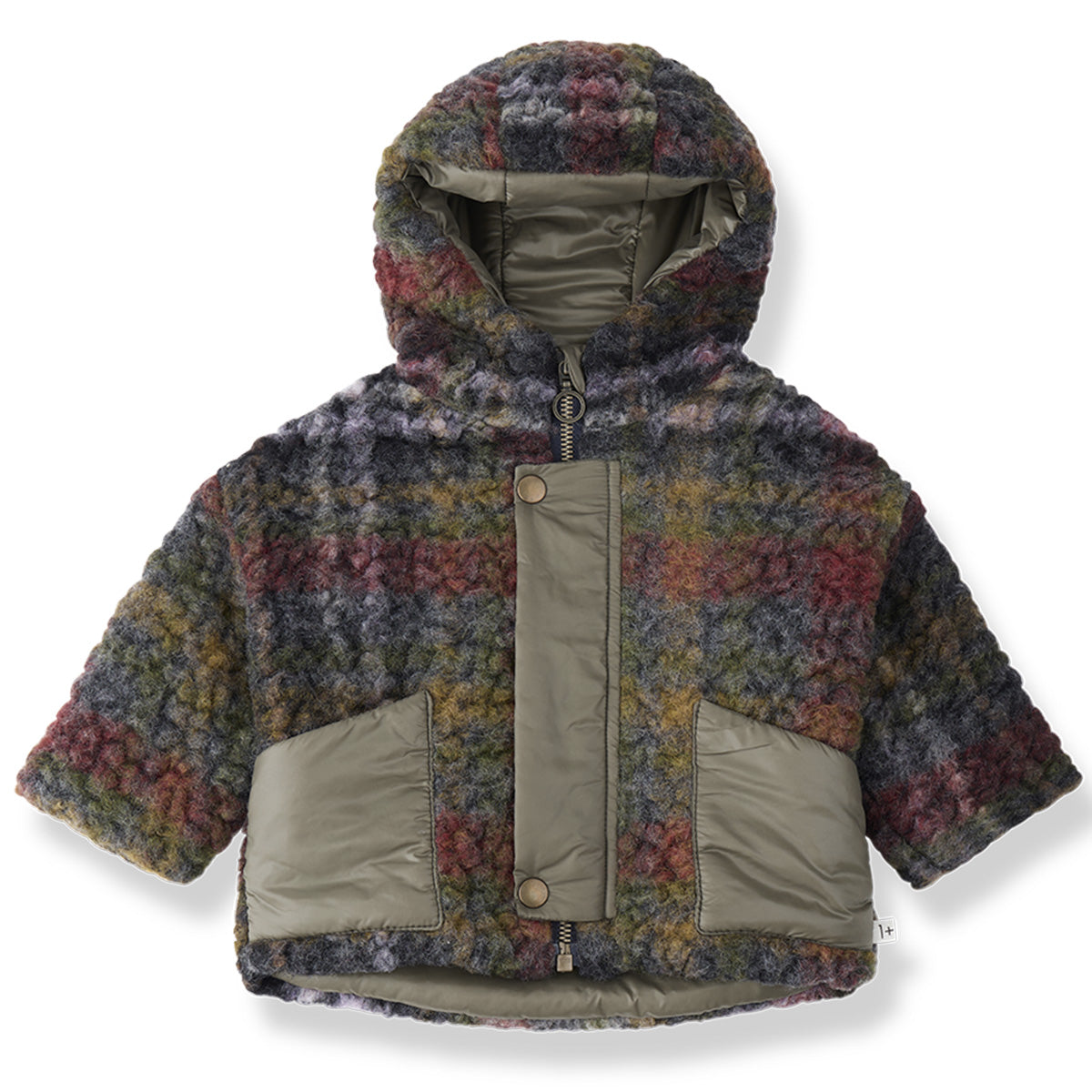 Toronto Jacket by 1+ in the Family multicolor plaid kids hooded jacket with olive green panels