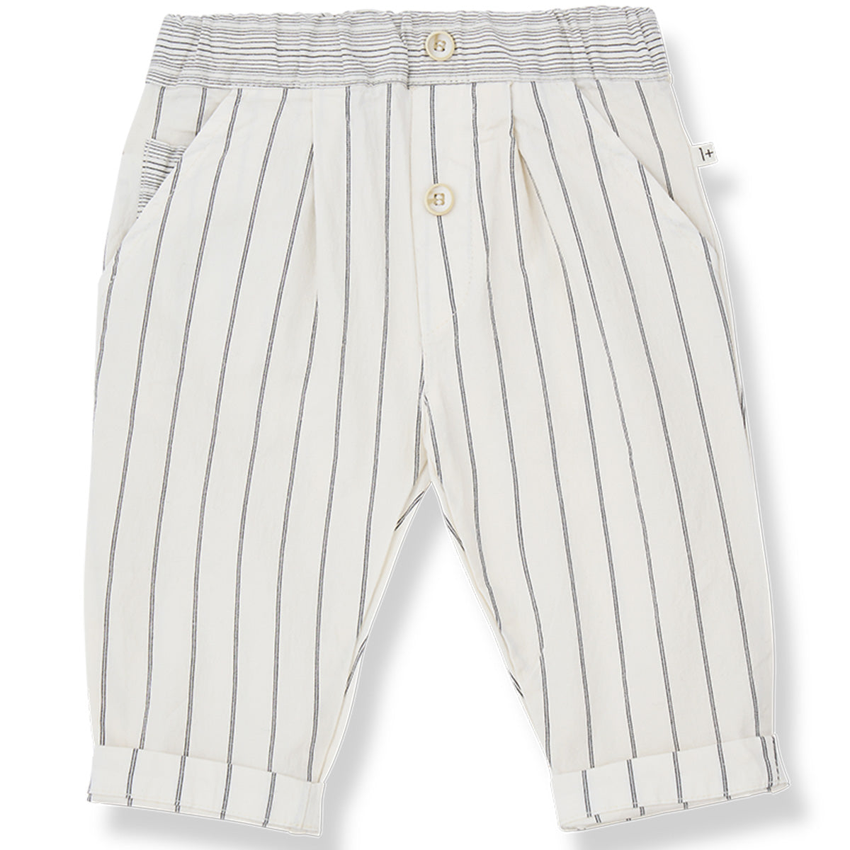 The Tossa Pants from 1+ in the Family, striped baby pants with front buttons, pockets, and an elastic waistband.