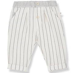 The Tossa Pants from 1+ in the Family, striped baby pants with front buttons, pockets, and an elastic waistband.