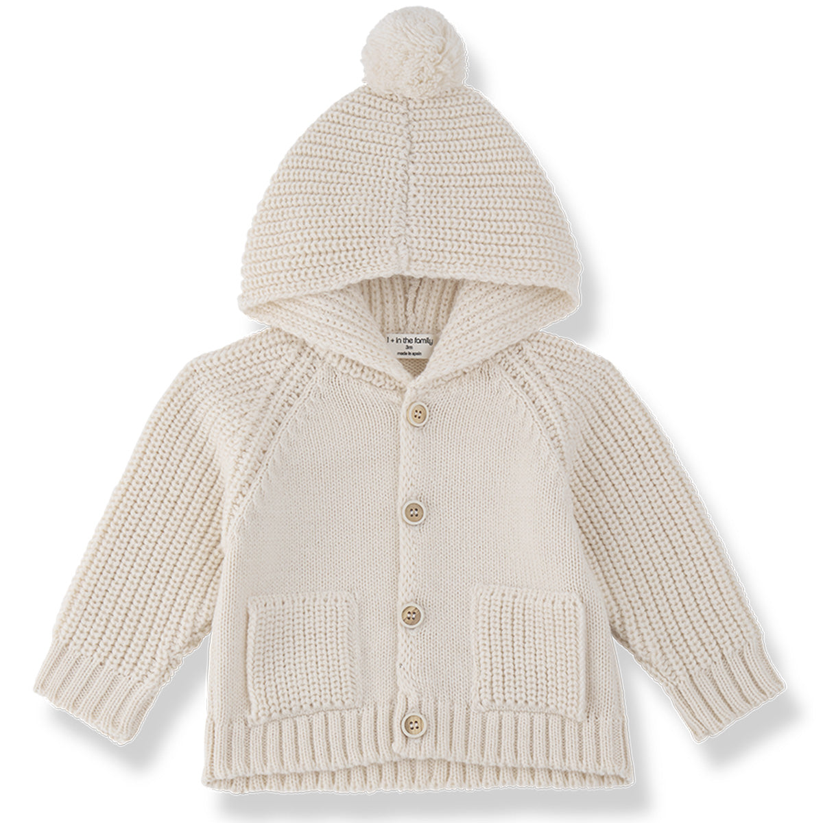 1+ in the Family The Toulouse Hooded Cardigan in off-white chunky knit with pom-pom hood