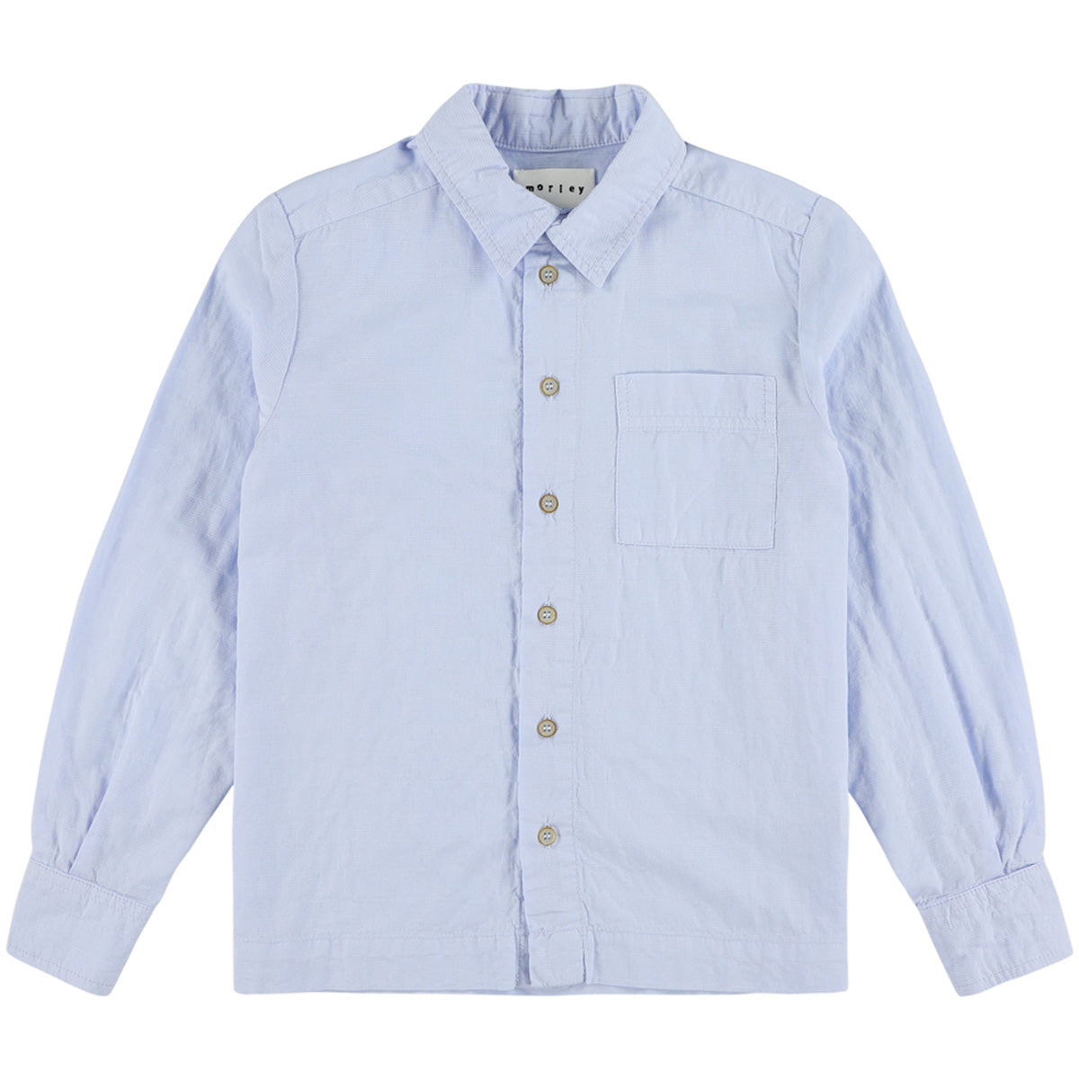 The Tur Sorrent Shirt from Morley. A long-sleeve shirt in soft sky blue, featuring a button-down front and a chest pocket.