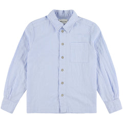The Tur Sorrent Shirt from Morley. A long-sleeve shirt in soft sky blue, featuring a button-down front and a chest pocket.