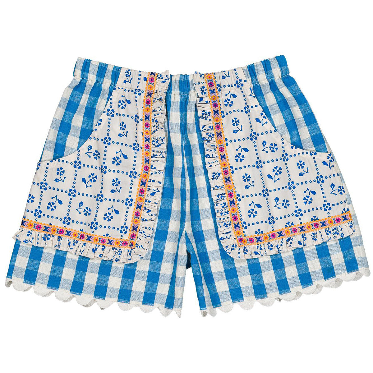 Hello Simone Talitha Short, blue check and floral mix, ruffle trim, embroidered detail and front pockets.