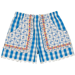 Hello Simone Talitha Short, blue check and floral mix, ruffle trim, embroidered detail and front pockets.