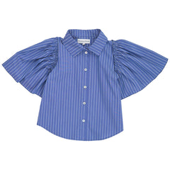 Christina Rohde Blue Striped Top with fine stripes, button front, collar and gathered puff sleeves.