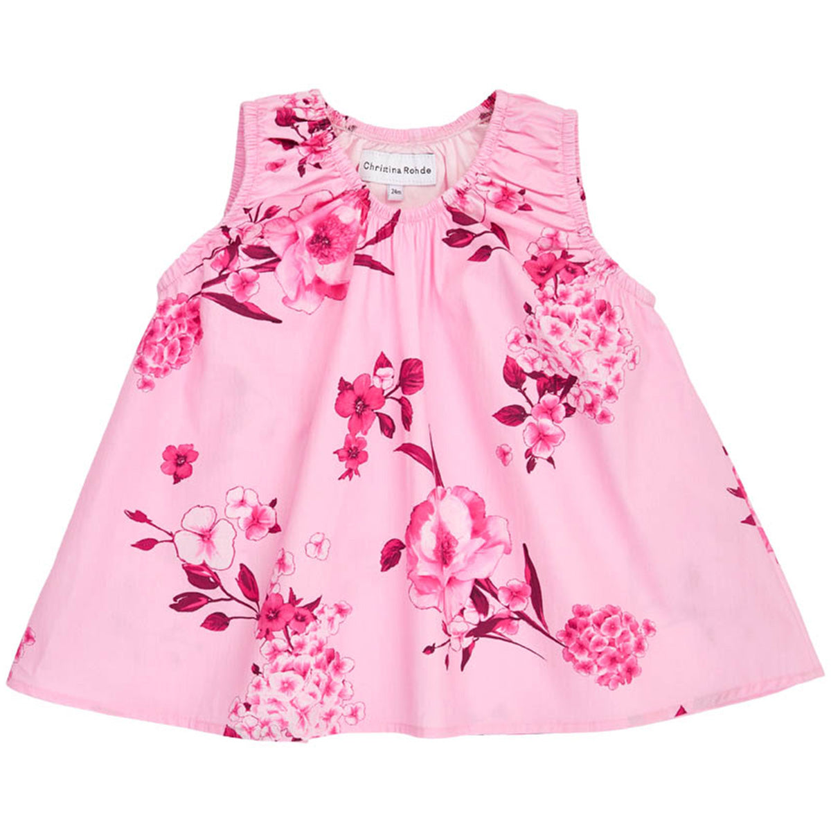 Christina Rohde Pink Floral Sleeveless Top with loose fit, gathered neckline and pink floral print.