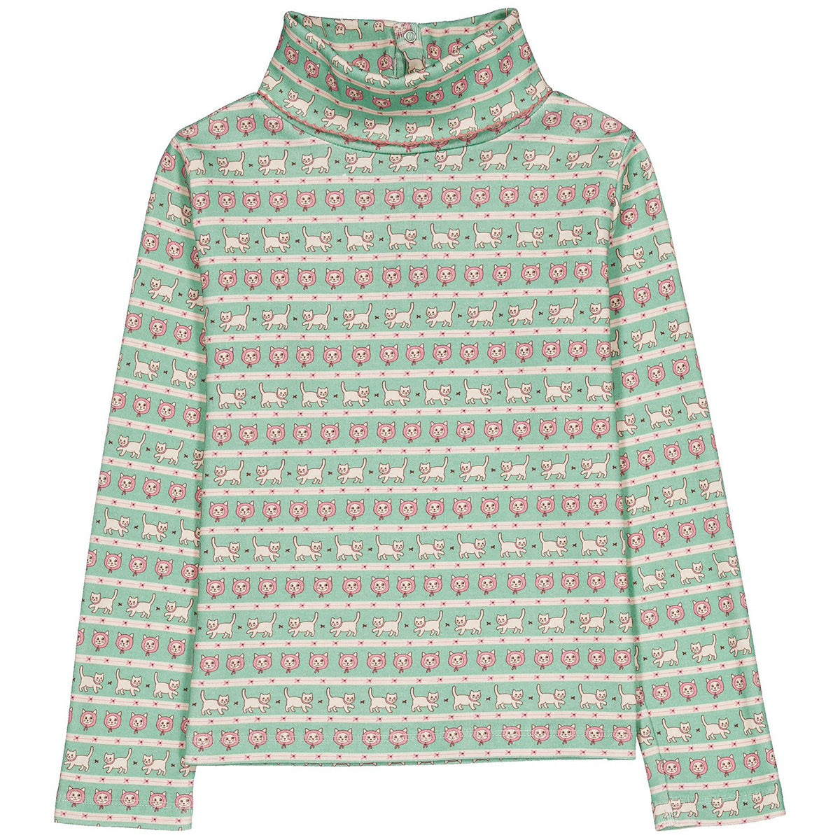 The Twiggy Turtleneck from Hello Simone with an all-over print, crochet collar, long sleeves, and back snap closure.