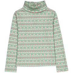 The Twiggy Turtleneck from Hello Simone with an all-over print, crochet collar, long sleeves, and back snap closure.