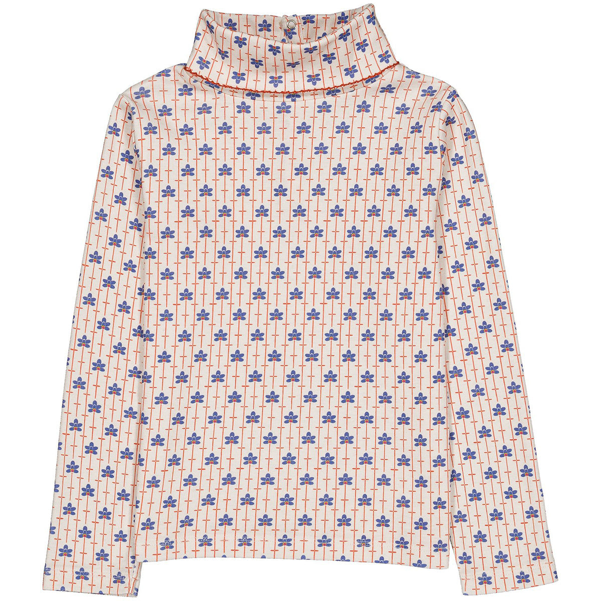 The Twiggy Turtleneck from Hello Simone with an all-over print, crochet collar, long sleeves, and back snap closure.