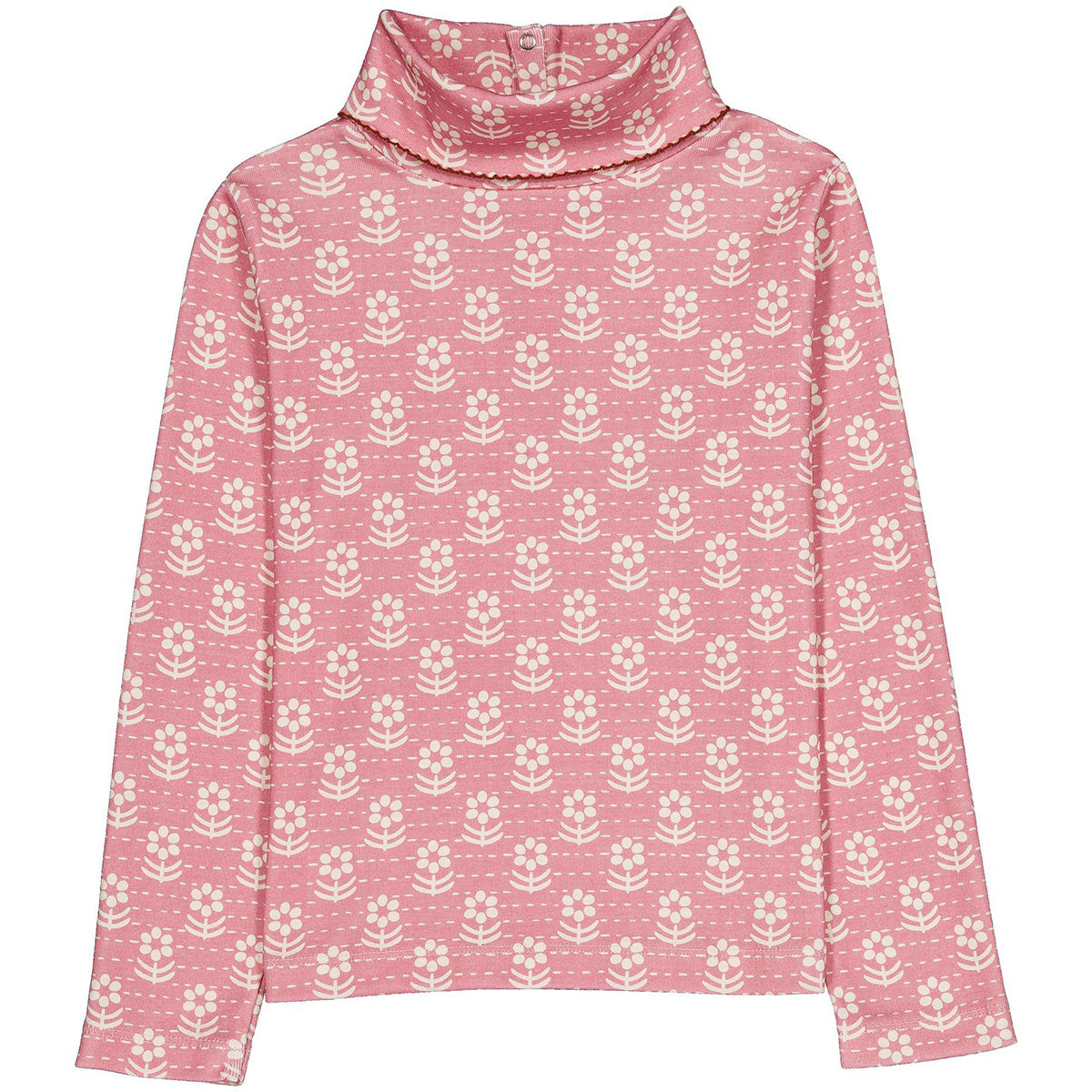 The Twiggy Turtleneck from Hello Simone with an all-over print, crochet collar, long sleeves, and back snap closure.