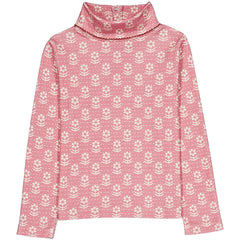 The Twiggy Turtleneck from Hello Simone with an all-over print, crochet collar, long sleeves, and back snap closure.