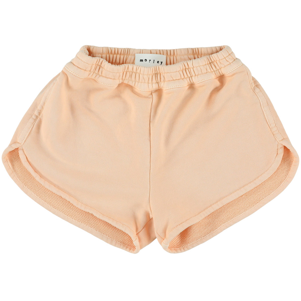 The Ugene Shorts from Morley, peach sporty shorts with elastic waistband, curved hems, and side panel detailing.