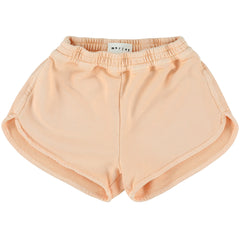 The Ugene Shorts from Morley, peach sporty shorts with elastic waistband, curved hems, and side panel detailing.