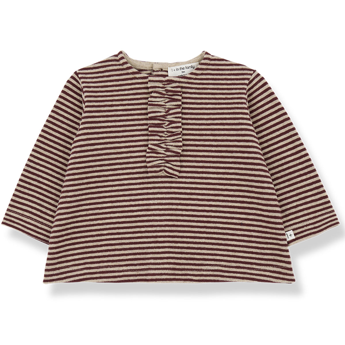 Ulla Tee by 1+ in the Family. Striped long-sleeve baby top with a round neckline and gathered ruffle detail down the front.