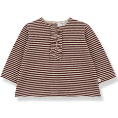 Ulla Tee by 1+ in the Family. Striped long-sleeve baby top with a round neckline and gathered ruffle detail down the front.