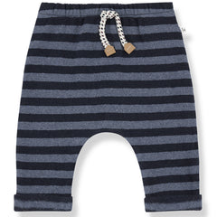 Uriel Pants from 1+ in the Family. Striped baby pants with an elastic waistband, decorative drawstring, and rolled-up cuffs.