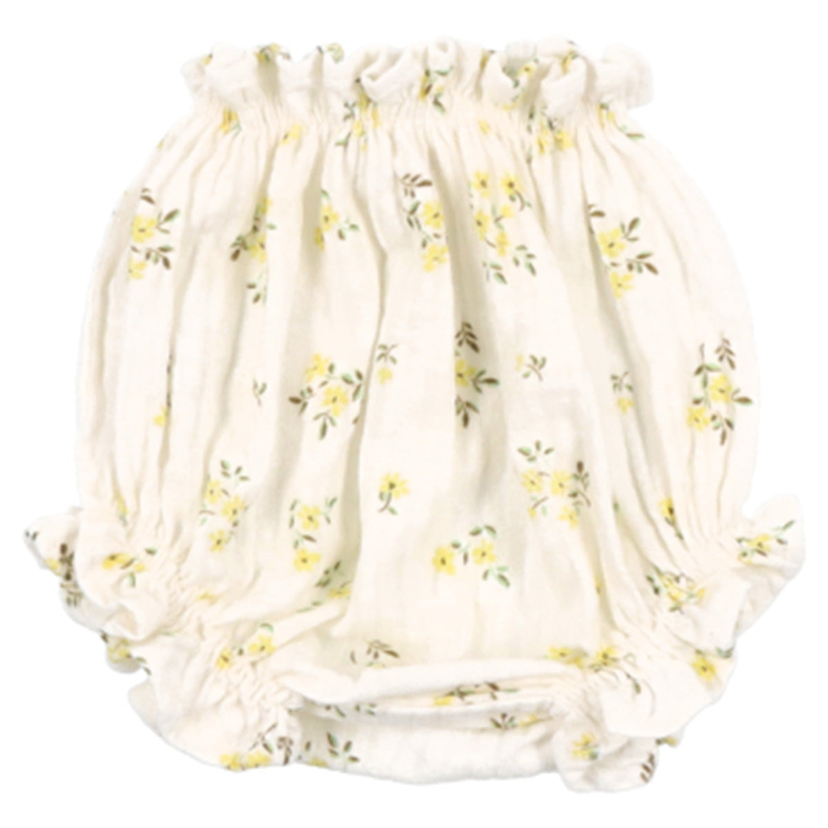 The Valley Baby Bloomer from The New Society. Elastic waistband with ruffle finishing at top and leg opening.