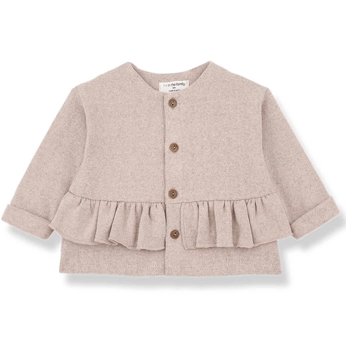 The Vanessa Jacket from 1+ in the Family. Baby cardigan with front button closure and a charming ruffle hem.