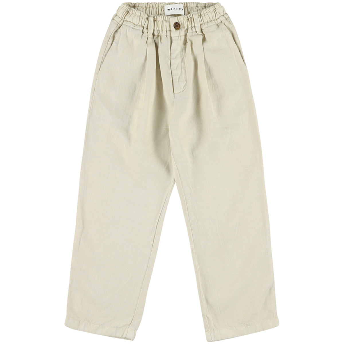 The Vascos Pants from Morley. Beige relaxed-fit pants with an elastic waistband and button closure.