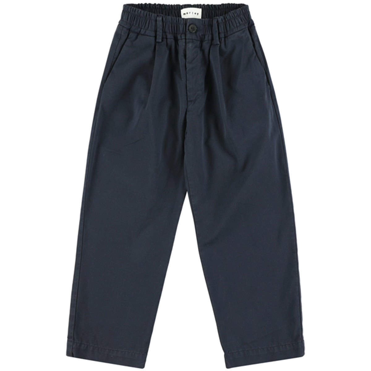 The Vasco Pants from Morley. These navy trousers feature a relaxed fit with a slightly tapered leg, front pleats.