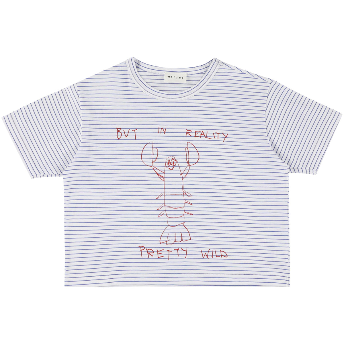 Morley Vem Tee white blue striped T-shirt with red lobster graphic and text print.