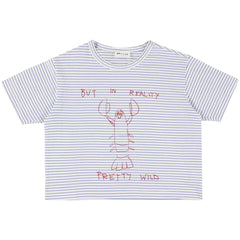Morley Vem Tee white blue striped T-shirt with red lobster graphic and text print.