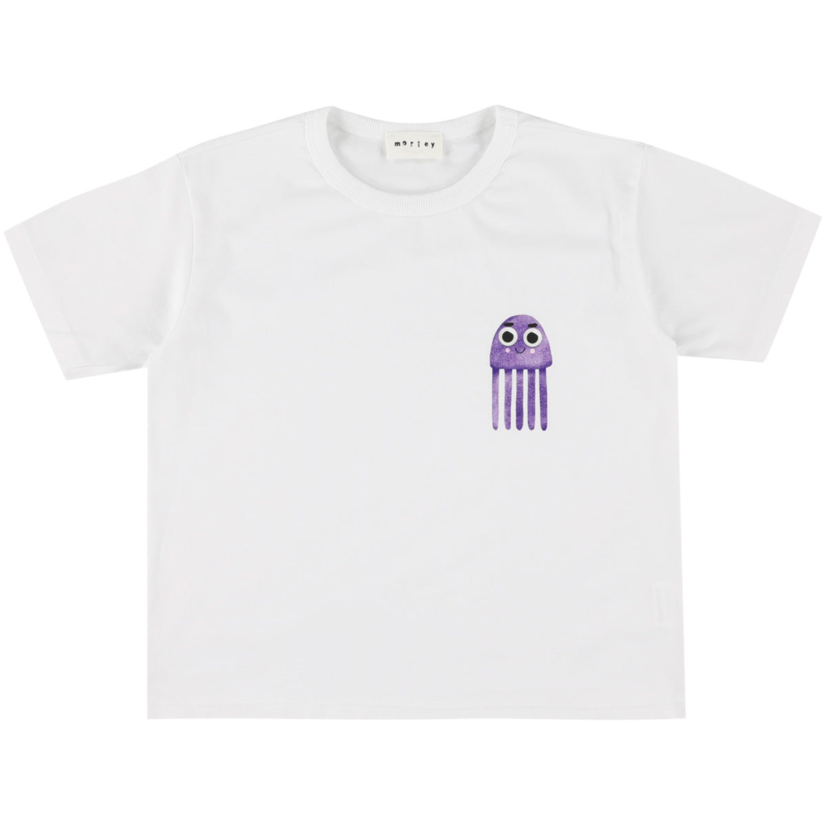 Morley Vem Tee white T-shirt with purple octopus graphic and crew neck.