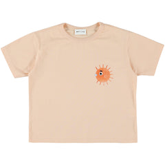 Morley Vem Tee peach T-shirt with orange pufferfish graphic and crew neck.