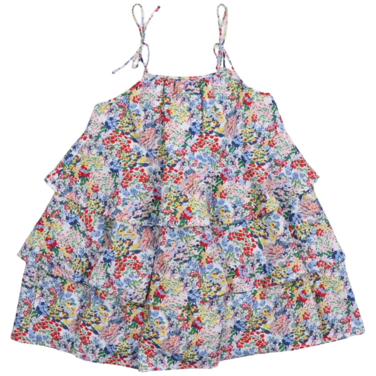 Verbena Dress from The New Society with colorful floral print, tie shoulder straps, and tiered ruffle skirt