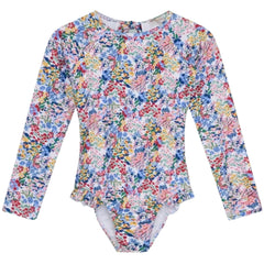 Verbena Swimsuit from The New Society with long sleeves, round neck, and colorful all-over floral print